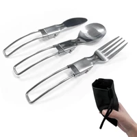 3pcs portable camping foldable cutlery set outdoor picnic travel reusable stainless steel knife fork spoon silverware with pouch