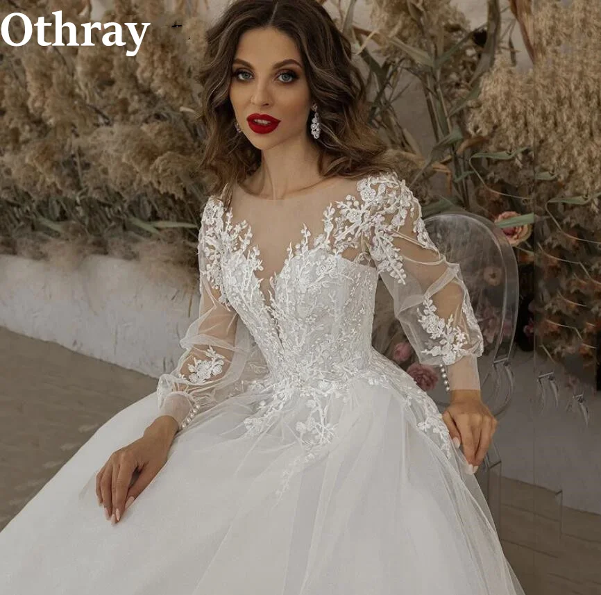 Фото Othray Сладкие кружевные свадебные платья трапециевидной формы с пышными рукавами и шнуровкой сзади Свадебные платья Contry Vestidos De Novia №4