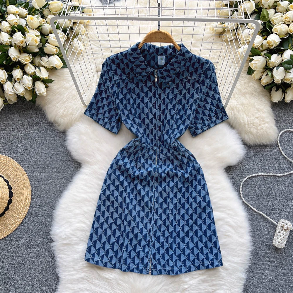 

French Chic Stunning Senior Sense of Print Zipper Package Hip Denim Dress