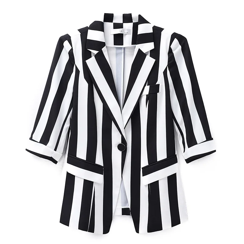 

Casual Blazer Fashion Black and White Suit 2021 Spring Autumn Women Blazers Coat New Ladies Temperament Casual Striped Jacket