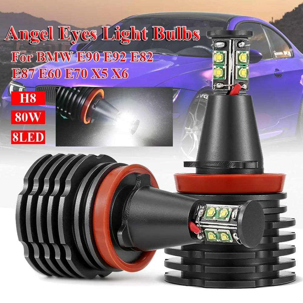 

2PCS Angel eyes led Fog Light 80W H8 6500K for BMW E90 E92 E82 E87 E60 E70 X5 X6 Halo Light Bulb car Headlight Lamp