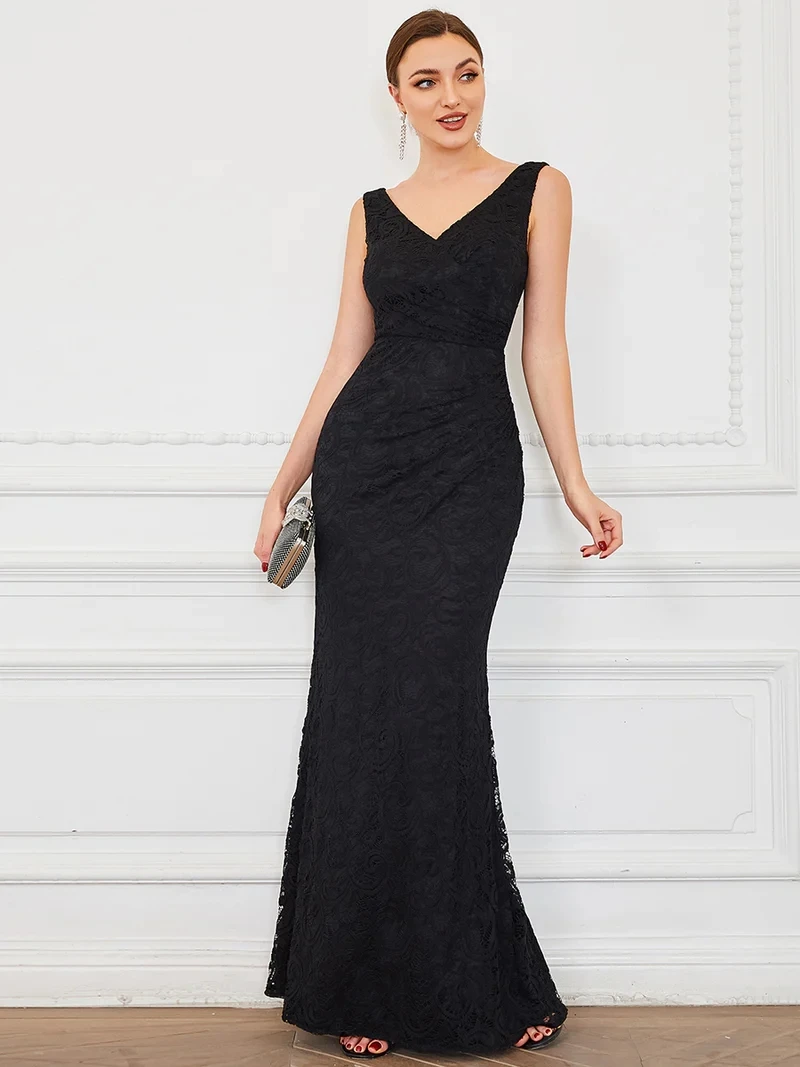

Elegant Evening Dresses Long Deep V Neck Backless Sleeveles Mermaid Floor Length Gown 2022 Ever Pretty of Lace Prom Women Dress