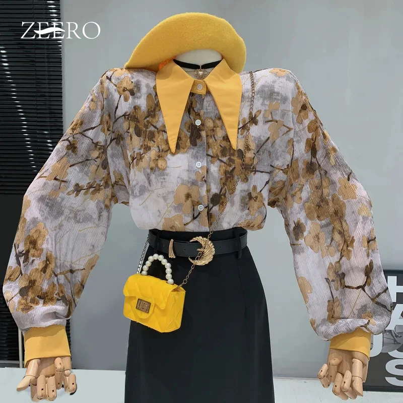

Summer New Women Chiffon Lapel Collar Long Sleeve Floral Print Shirts Tops Elegant Korean Ladies Casual Loose Blouses Shirt