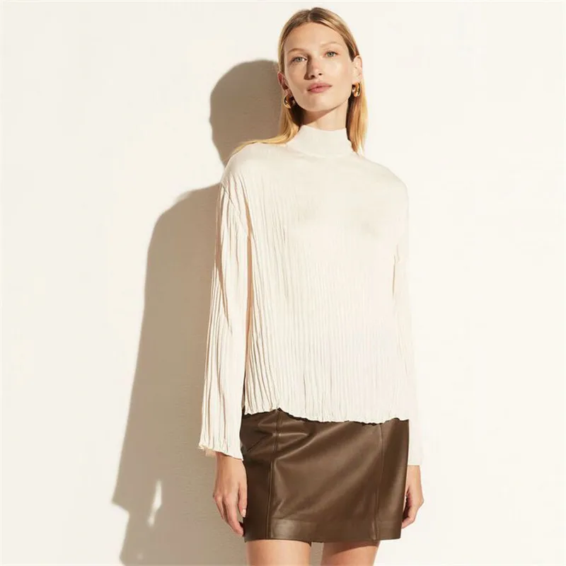 

Summer 2022 High Quality Ribbed Half Turtleneck Shredded Satin Long Sleeve Top, Casual Versatile Pleated Long Sleeve T-Shirt Top