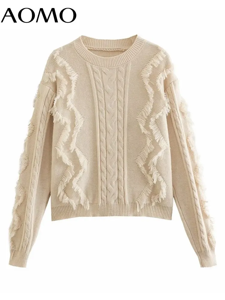 

Женский свитер оверсайз AOMO, трикотажный джемпер с круглым вырезом и кисточками, 1F181A, 2022