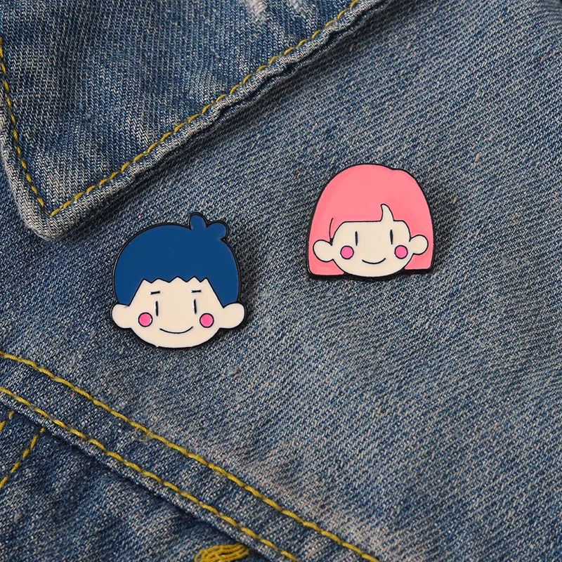 Cute Couple Gift Boy and Girl Enamel Pin Custom Lovers Chibi Kawaii Brooch Lapel Badge Cartoon Jewelry Gift for Friend Wholesale