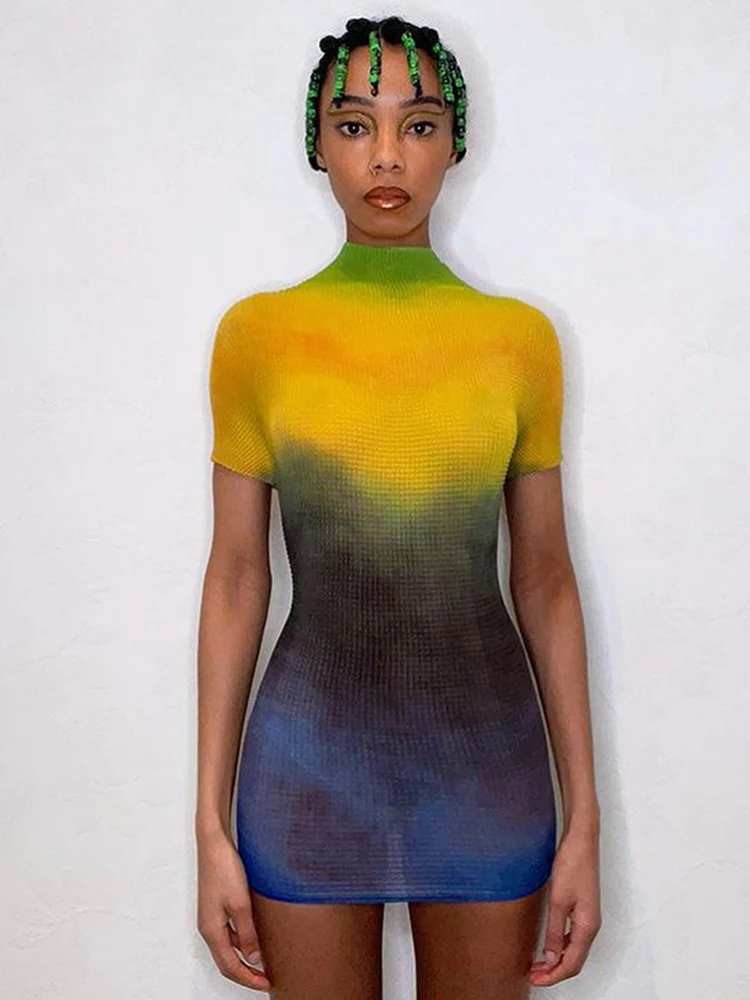 

Sibybo Gradient Color O Neck Short Sleeve Dresses For Women Perspective Pullover Slim Dress Club Street Casual Vestidos De Mujer