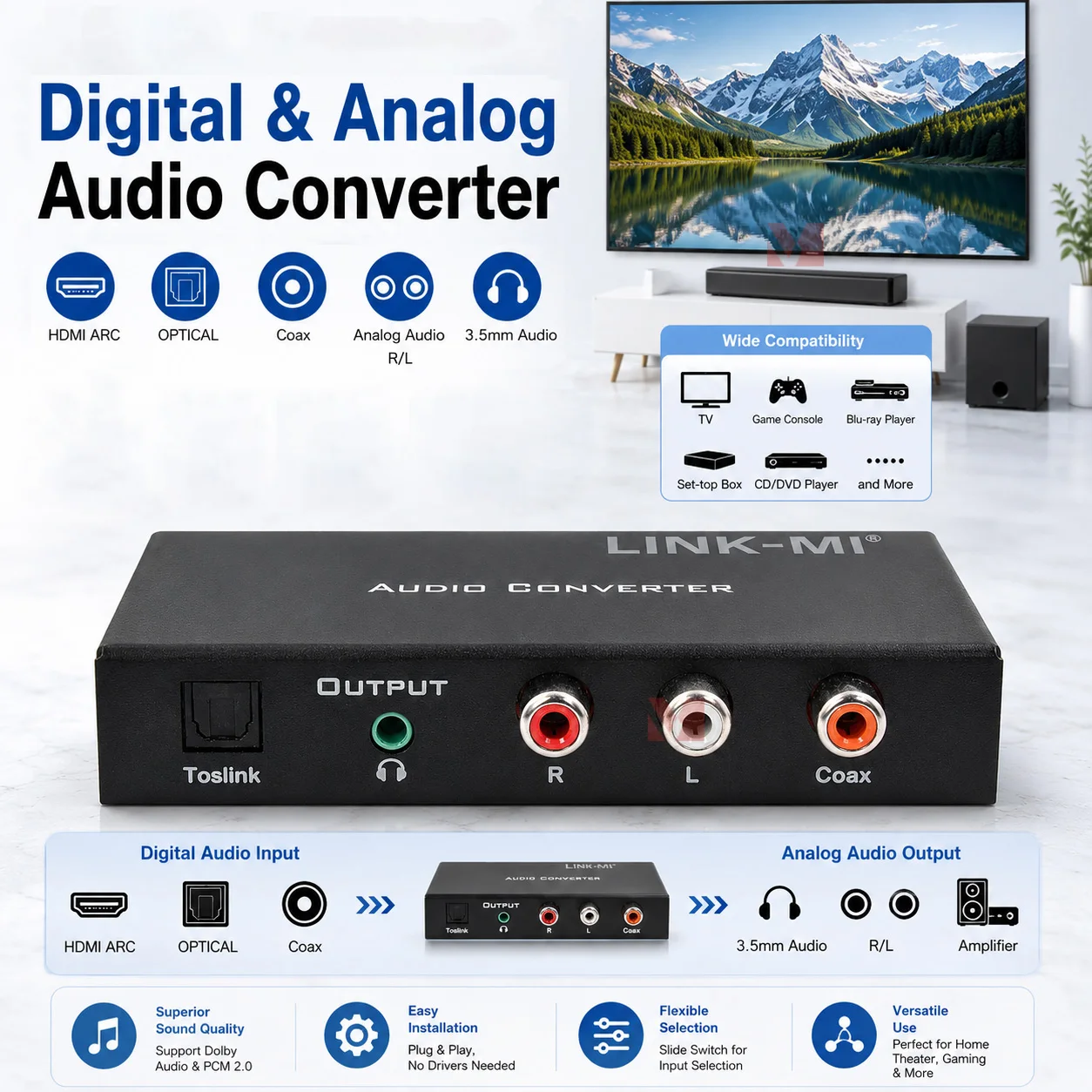 Фото Цифровой и аналоговый аудиоконвертер LINK-MI с поддержкой HDMI ARC/Toslink/Coax/3.5mm, 96 кГц №1