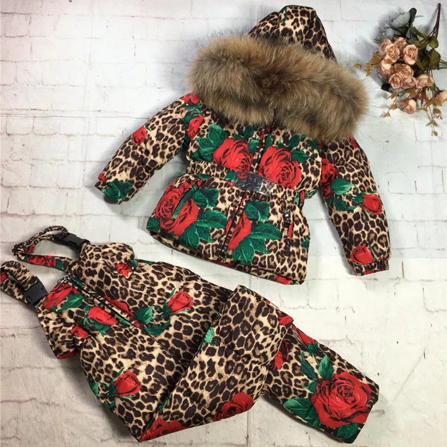 

2023 Winter Children Girls Clothes Set Leopard Goose Down Jacket Coat + Overalls for Girl 0-12 Years Kids Baby Girl Snowsuit