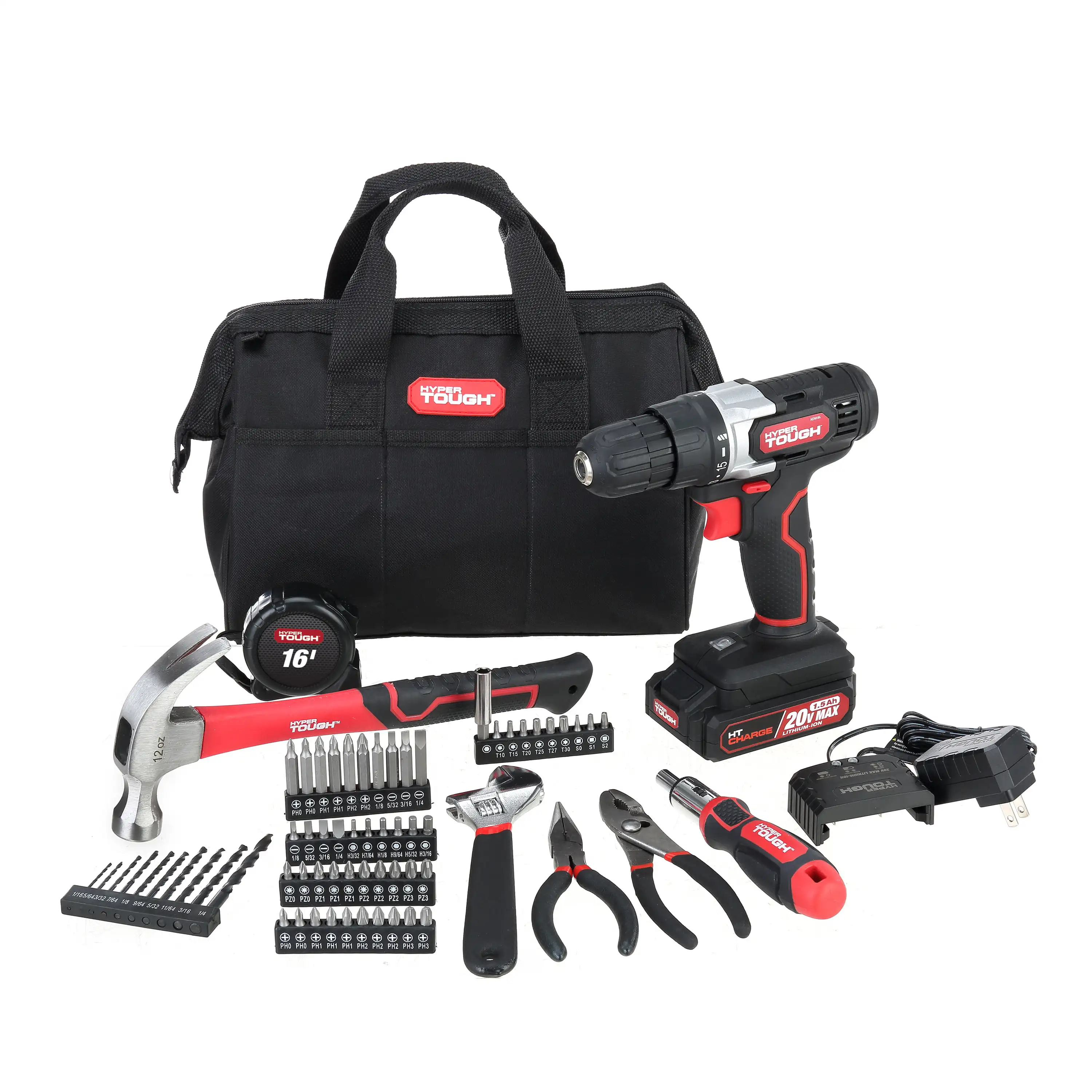 20V Max Lithium-Ion 3/8 inch Cordless Drill, 70-Piece Home Tool Set, 1.5Ah Lithium-Ion Battery & Charger, Bit Holder
