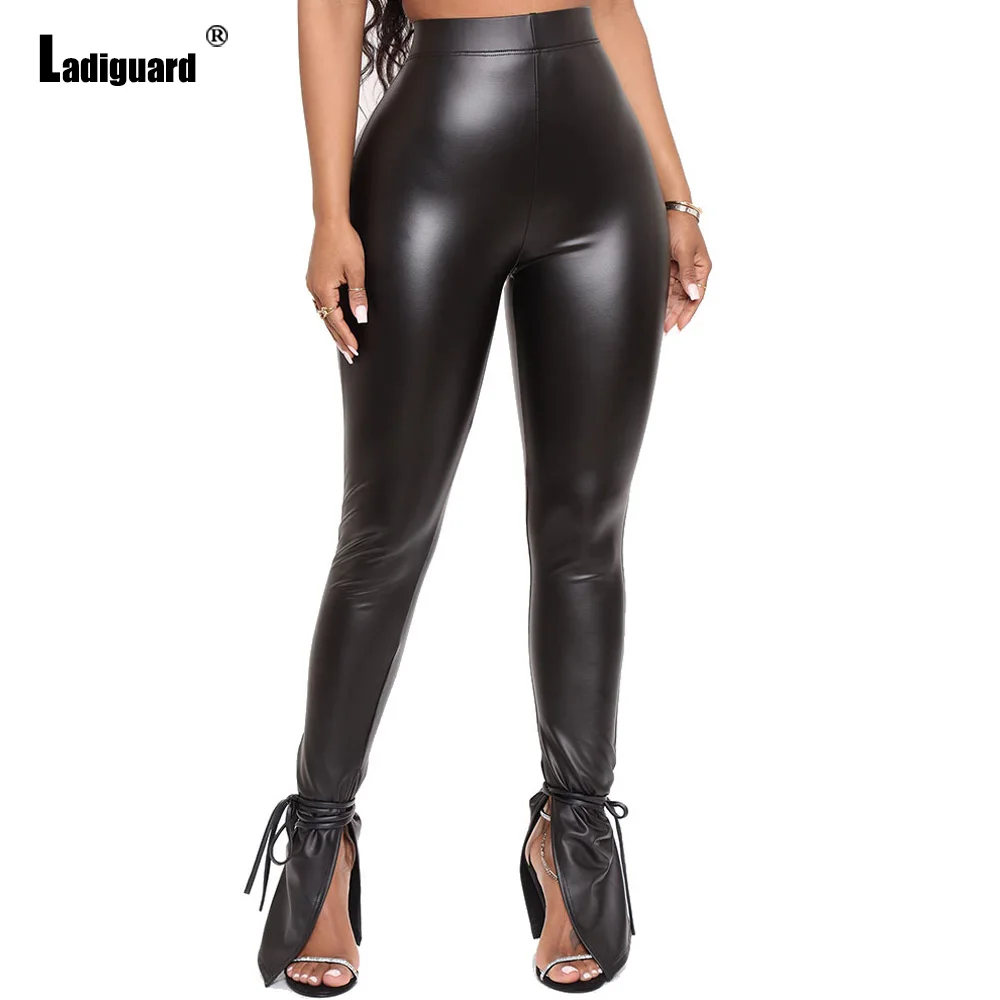 Ladiguard 2022 Sexy Pu Leather Pants Women Lace-up Skinny Cuff Pencil Trousers High Waist Faux Leather Pants Female Streetwear