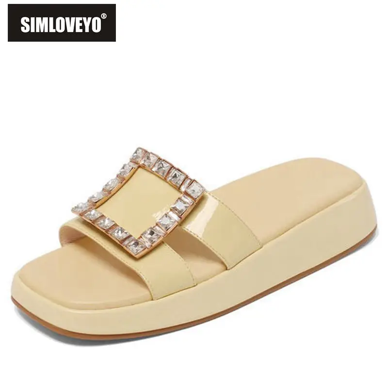

SIMLOVEYO 2022 Soft Comfortable Leather Women's Slippers Square Toe Rhinestone Casual Size 34-40 Solid Yellow Black Summer S3661