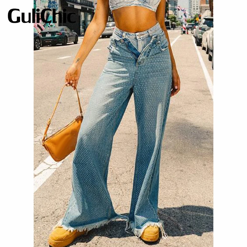 

6,15 GuliChic женские уличные винтажные тяжелые Промышленные строгие потертые джинсы с кисточками и широкими штанинами