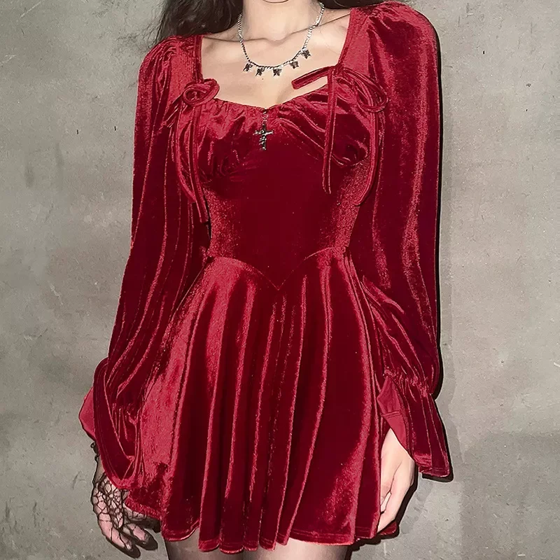 

2022NEW Red Velvet Mini Dress Elegant Lady Square Collar Lace Up Puff Sleeve Short Dress Women Gothic Grunge Emo Alt Clothes