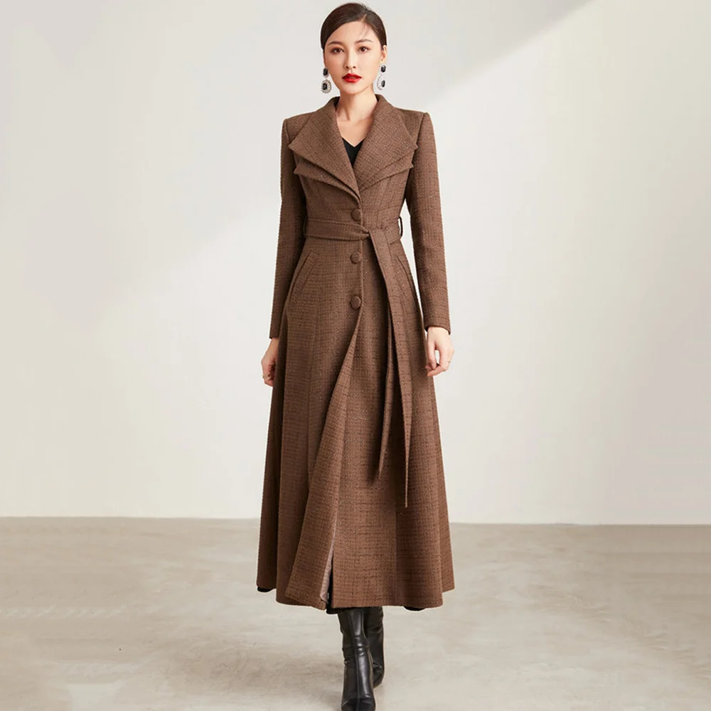 

Women New Wool Coat Autumn Elegant Fashion Detachable Silver Fox Fur Double Turn-down Collar Plaid Woolen Coats Slim Overcoat