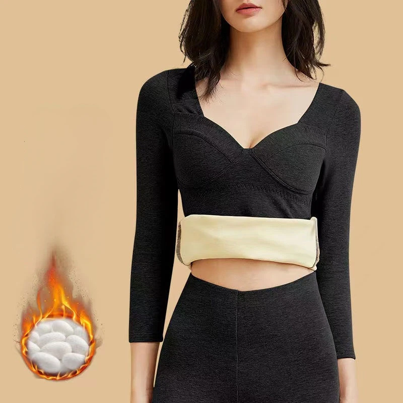 

2023 Winter Women New Thermal Underwear with Pad Female Thermo Lingerie Clothing Ladies Inner Wear Thermal Intimate Tops Q69