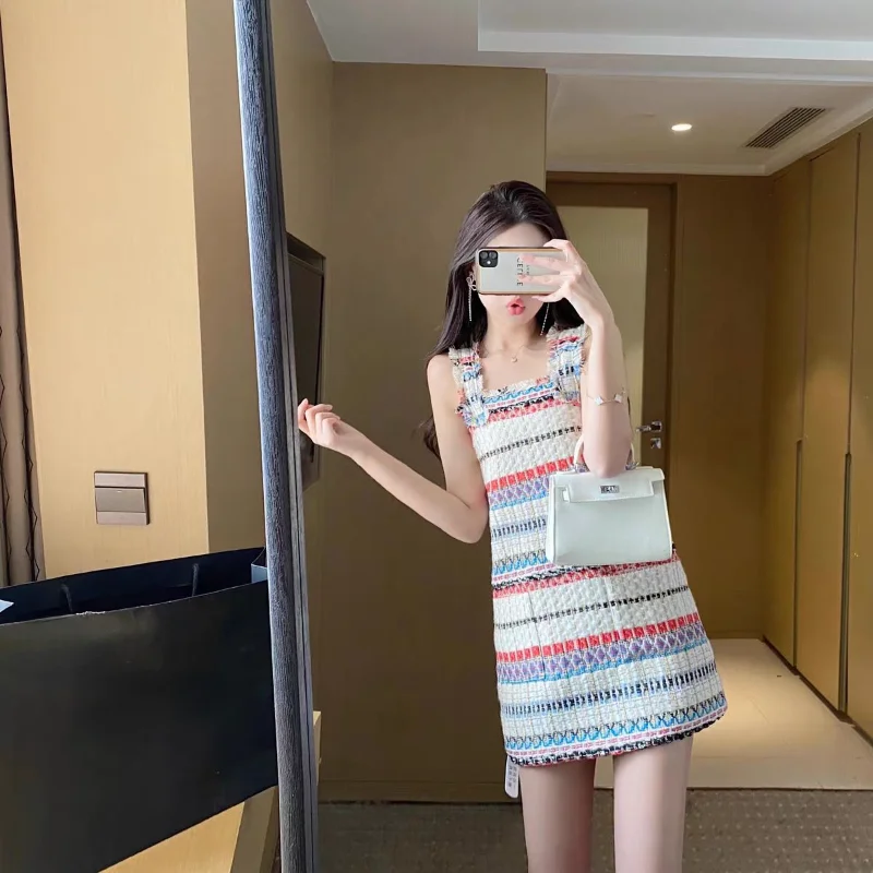 

WDMSNA Elegant Sling Dress Women Summer 2023 New French Fashion Contrast Stripe Mini Dresses Sweet Sleeveless Vestidos De Fiesta