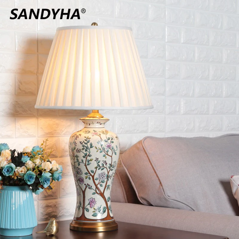 

SANDYHA Romantic Warm Bedside Led Desk Light Chinese Classical Ceramic Table Lamp for Bedroom Study Night Lighting Home Decor