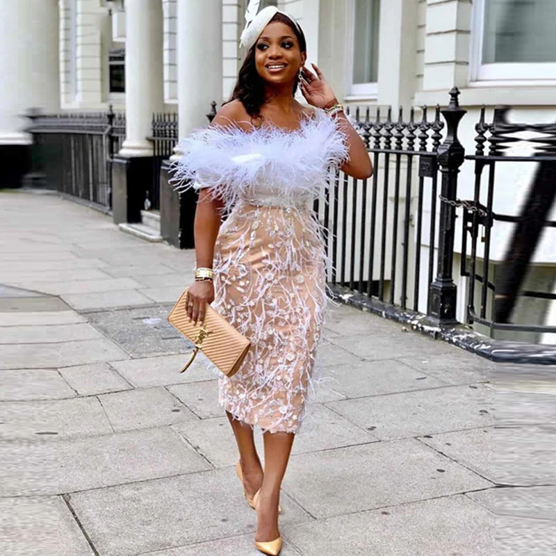 

Feathers Prom Dresses For Women Off Shoulder Tea Length Appliques Lace Mermaid Evening Gowns Aso Ebi Party Robe Formal Vestidos