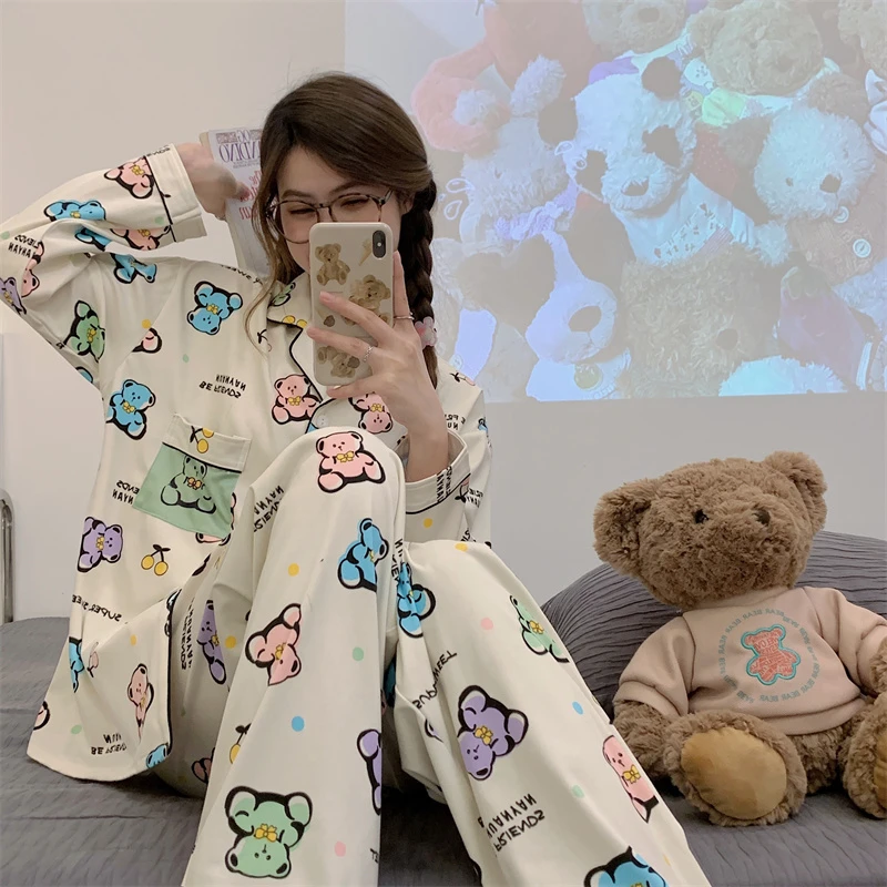 CAIYIER 2023 Green Plaid Women Pajamas Set Winter Vintage Girls Sleepwear Long Sleeve Leisure Nightwear Popular Home Clothing