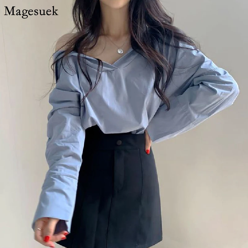 

Chic Off Shoulder Sexy Shirt Women Long Sleeve Slash Neck Women Blouses Causal Vintage Solid Loose Tops Female Clothing 19817