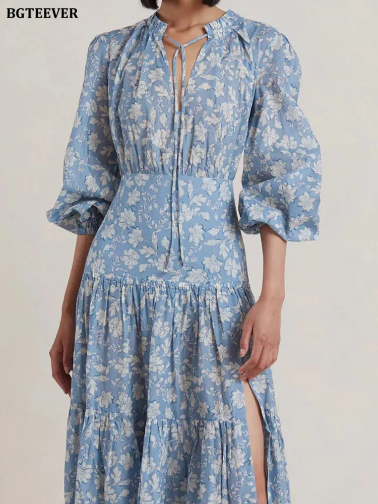 

BGTEEVER Elegant Lace-up Women Floral Dress Long Sleeve Female Split Long Dress Spring Fashion Slim Waist Ladies A-line vestidos