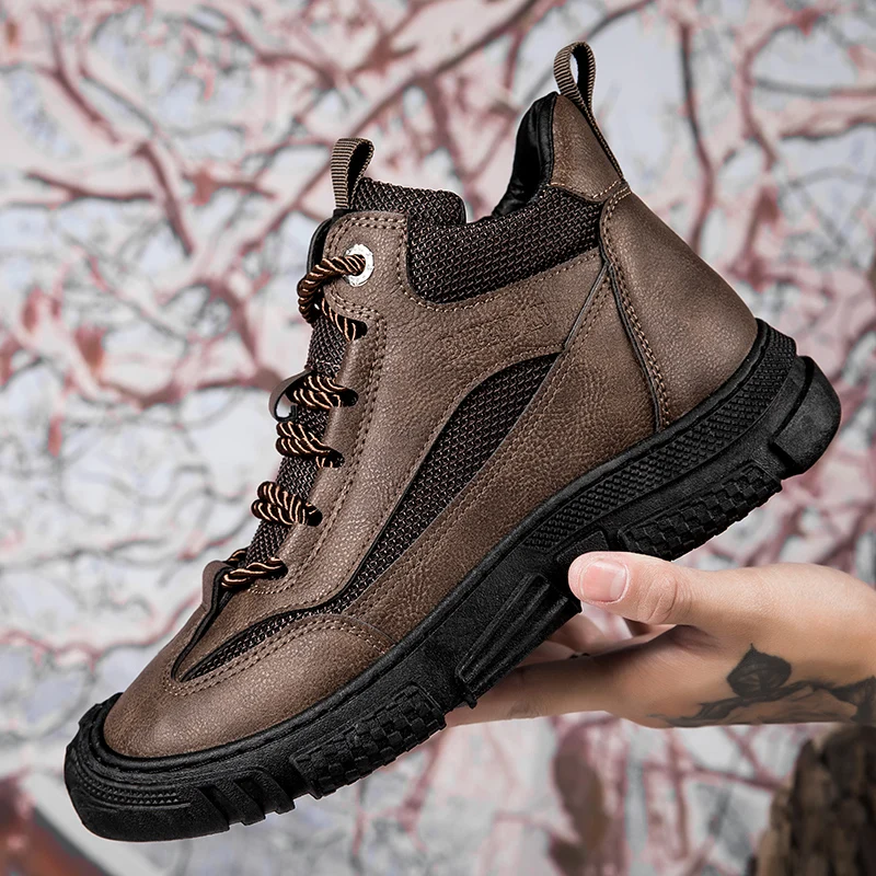 STRONGSHEN Men Leather Boots High Top Hiking Shoes Mans Footwear Outdoor Casual Non-slip Work Boots Fashion Ankle Botas Desert B