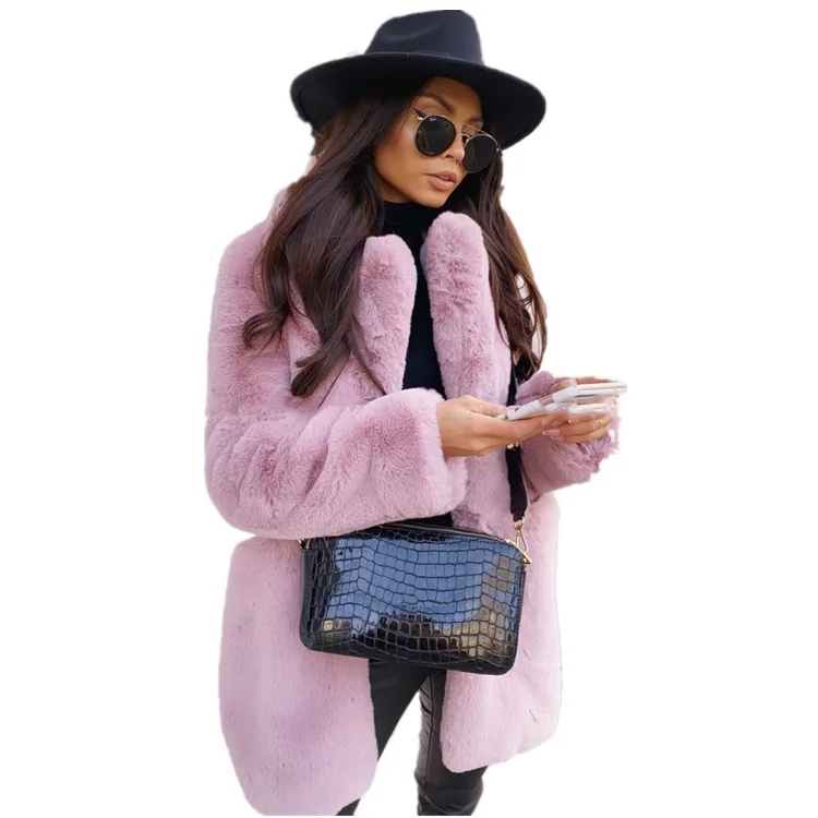 Women's Mid-Length Coat Long Sleeve Lapel Faux Fur Coat Warm plus Size Coat Women's Fur Faux Fur Coat