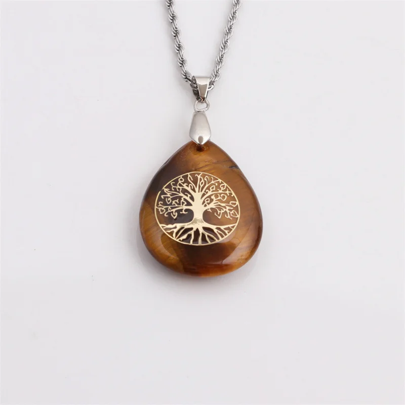 Natural Semi-precious Stone Teardrop Pendant Necklace 40+5cm Tree of Life Tiger Eye Stone Alloy Fashion Pendant Jewelry Gift