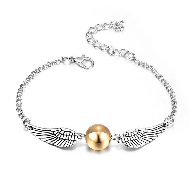 

Harries Golden Snitch Bracelet Deathly Hallows Potters Quidditch Ball Silver Angel Wing Jewelry Fashion Bracelets Gifts for Fans
