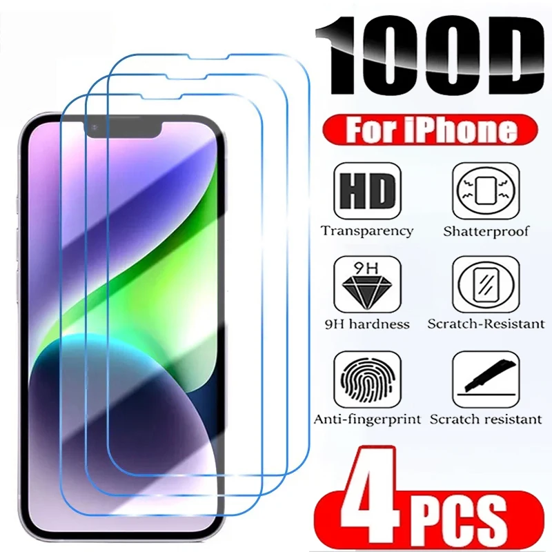 

4Pcs Tempered Glass Screen Protector For iPhone 14 13 12 11 15 Pro Max For iPhone 12 13 Mini 14 15 Plus 14 Pro Full Cover Glass