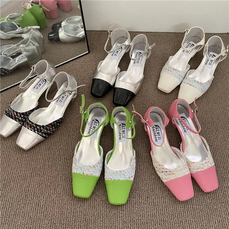 

Bailamos Women's Sandal Slip-on Low Heel Sandals Round Toe Mixed Color High Heels Party Shoes Buckle Strap Mules Sandals Mujer