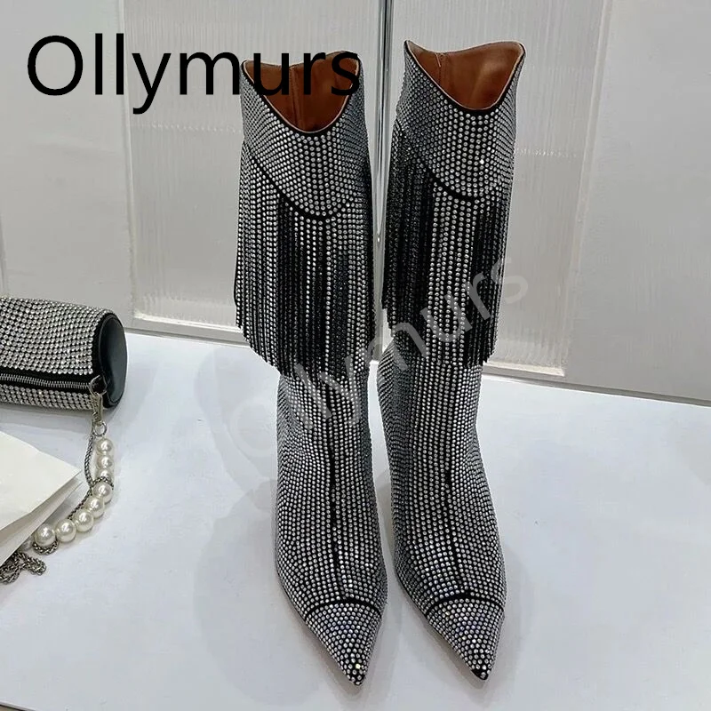 

Shoes For Women Genuine Leather Black White Designer Shoes Women Luxury 2023 Winter Fringe Crystal Boots Autumn
