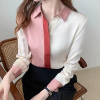 elegant color patchwork contrast women shirt pink fashion office ladies work wear long sleeve buttons up blouse female tops 2022