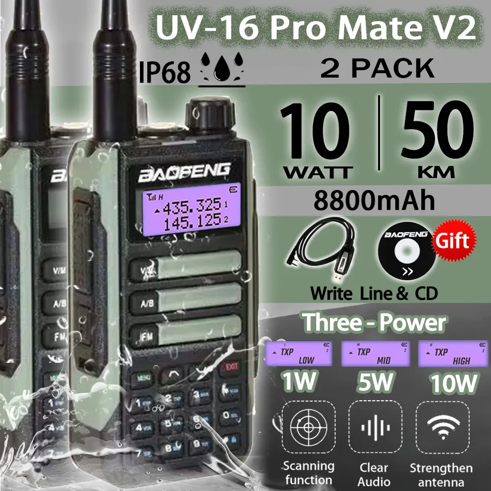 

2023 2PACK BaoFeng UV-16 PRO V2 10W Professional WalkieTalkie UV16Pro Type-C Charger Long Range Two Way Radio Upgrade UV5R UV10R