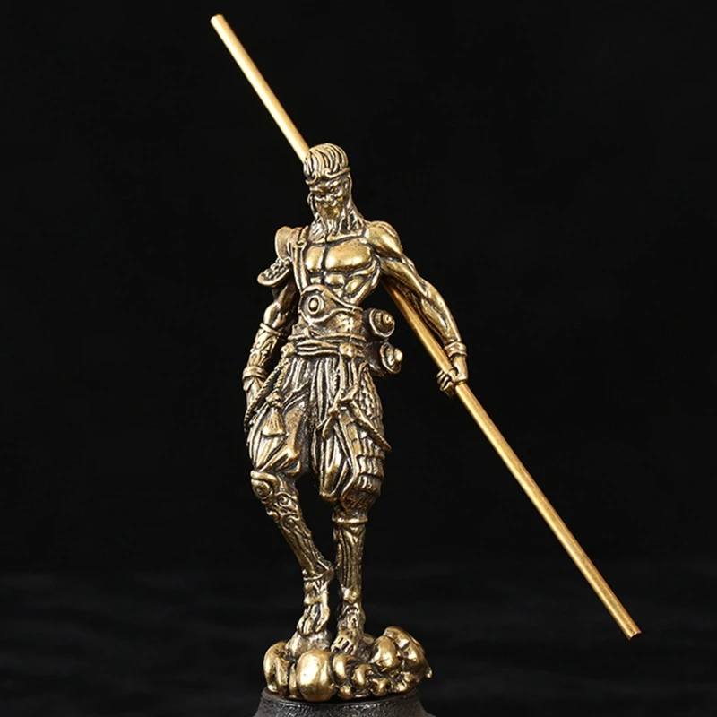 

Brass Monkey King Statue with Removable Stick Feng Shui Figurine Paperweight for Home Office Desk Decor Ornament Toy Gift
