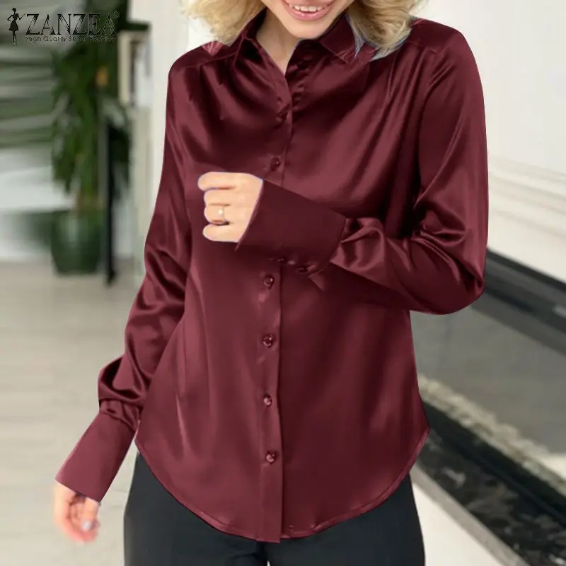 

Элегантная атласная блузка с отложным воротником и длинным рукавом 2022 ZANZEA, Женская Весенняя рубашка, женские деловые топы, повседневные Одн...