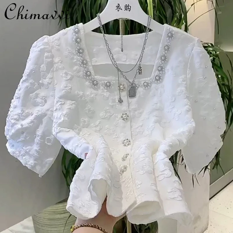 

2022 Summer New Fashion Design Short Beaded Pearl Buckle Shirt Temperament Square Collar Embossed Printed Puff Sleeve Blouse