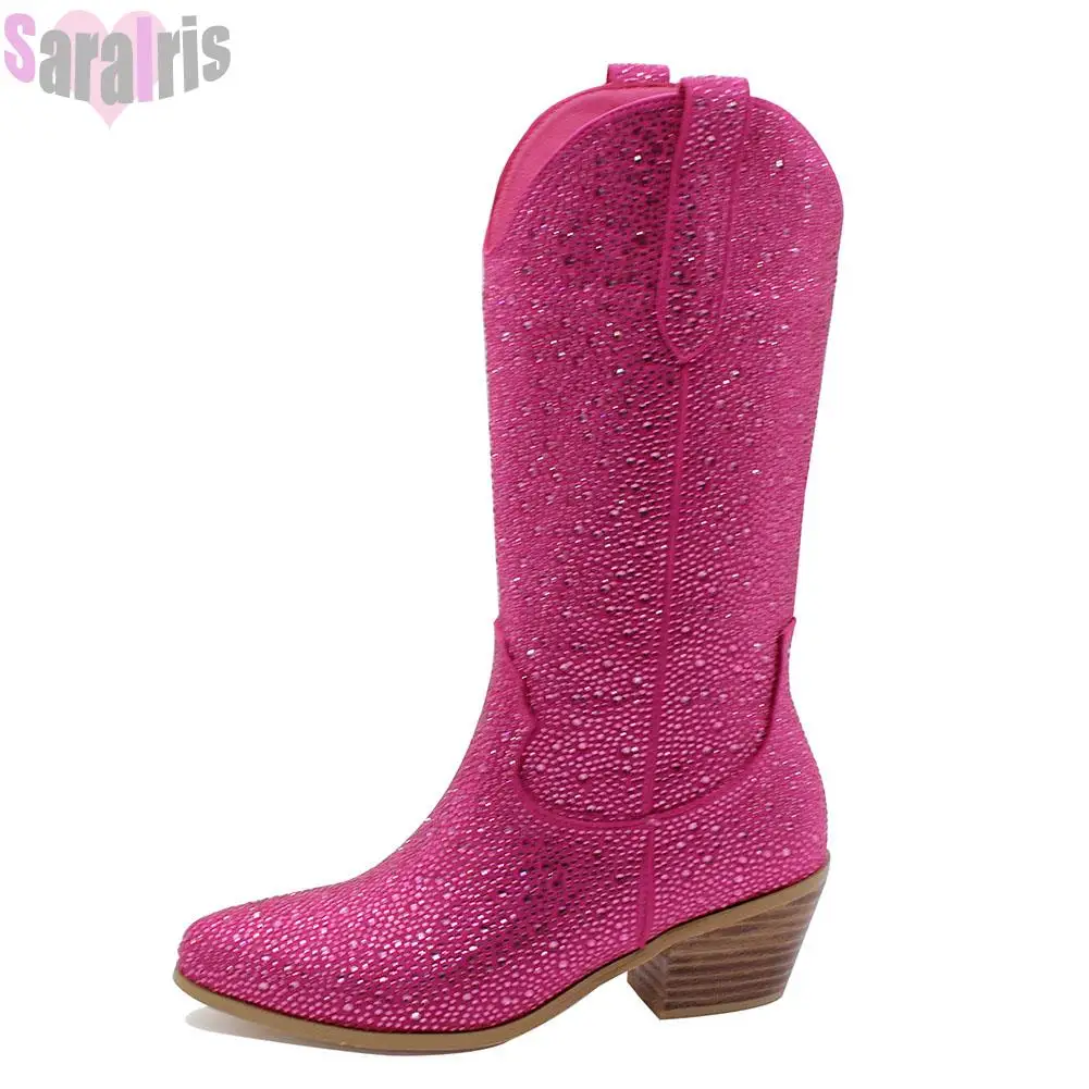 

Brand New Western Cowboy Women's Calf Boots Pointed Toe Chunky Heeled Rhinestone Cowgirls Fashion Shoes For Women Long Boots
