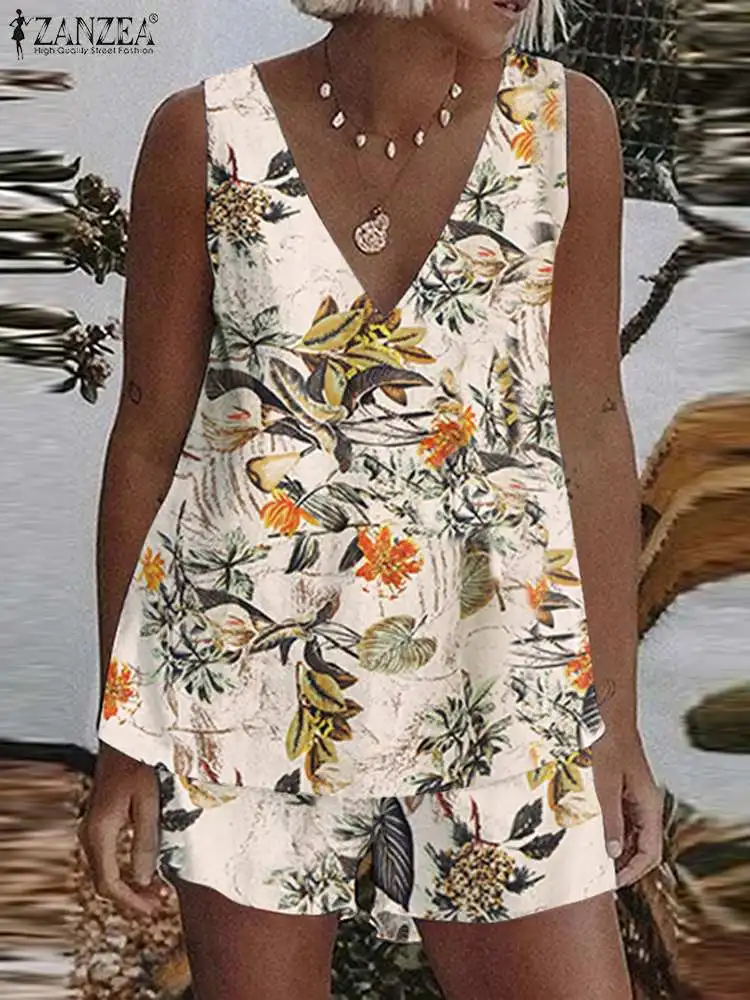 

ZANZEA Bohemian Printed Matching Sets Summer Casual Sleeveless Tank Tops Shorts Pants Women Casual Beach Outfits Tracksuits 2023