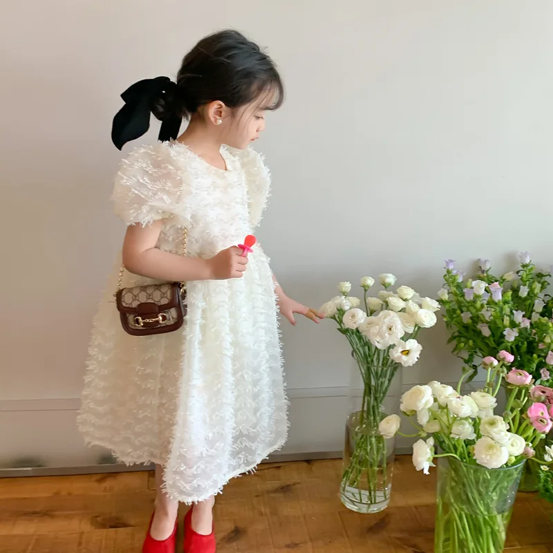 

Детская одежда, Новинка лета 2022, корейское однотонное милое платье принцессы с пышными рукавами для девочек