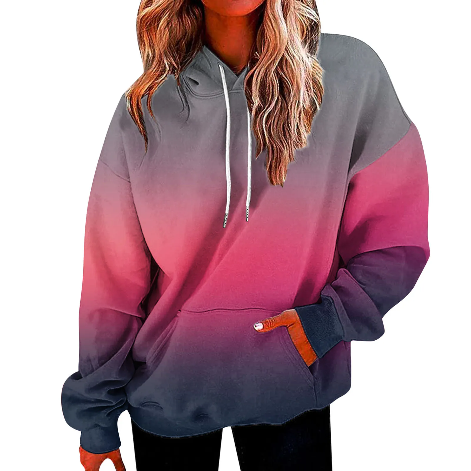 

Women Hooded Sweatshirt Gradient Color-Matching Oversize Hoodie Drawstring Long-Sleeve Pullover Autumn Streetwear Female Tops