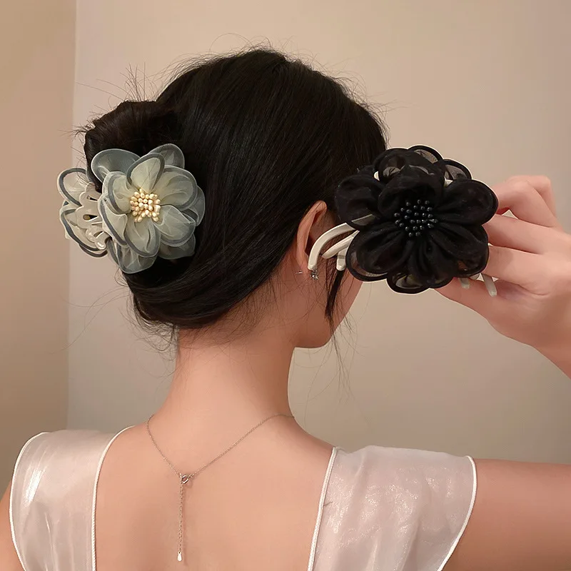 

Elegant Organza Fairy Flower Hair Clips Hair Claws Chic Large size Shark Clip Clamp Hairpins Hair Accessories for Women Girls
