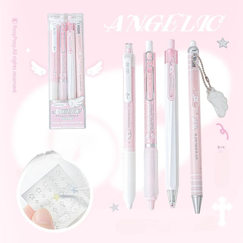 

4 шт./компл. набор гелевых ручек Pearl Angel, милые экзаменационные ручки с дизайном крыльев, кавайные мультяшные чернила 0,5 мм, черные чернила для детей, школьников
