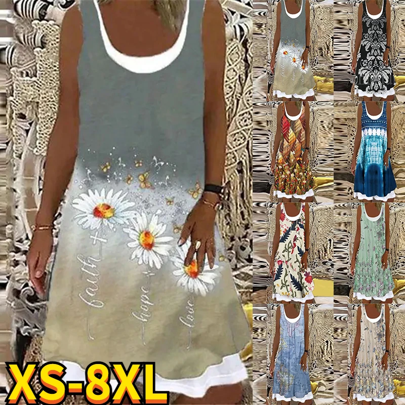 

2022 Summer Women's Floral Theme 3D Printed Dress Sleeveless Round Neck Casual Dress New Design Loosen Female Dress Plus Size