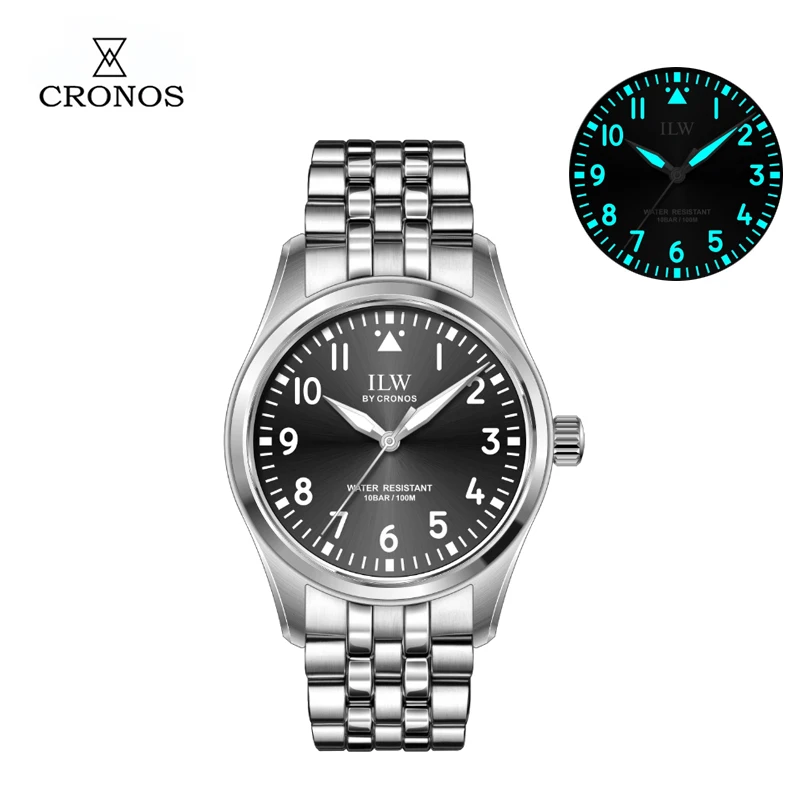 Фото Мужские часы Cronos Pilot Flieger 39 мм, кварцевые, механизм VH31, нержавеющая сталь, водонепроницаемость 100 м, суперлюминофор, куполообразное сапфировое стекло, модель L6057M. №4