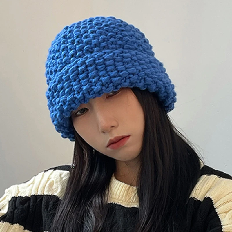 

Women Knitted Beanie Pineapple Pattern Woolen Hat Ins Winter Wild Klein Blue Solid Color Beanies Hats Tide Bonnets For Women