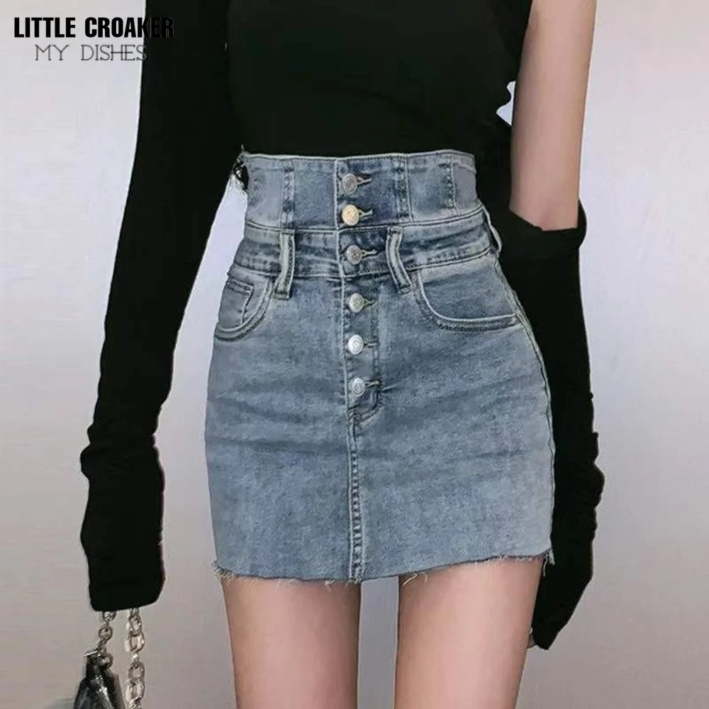 

Hong Kong Style Retro Raw Edge Buttoned Denim Pockets Skirt Female High Waist Slim Slim Hot Girl Sexy A Word Bag Hip Skirt