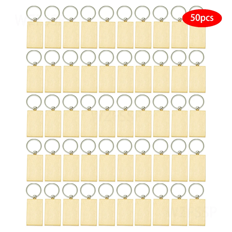 50/100pcs Blank Wooden Keychain Rectangular Bulk Wholesale Wood Key Chains Ring Suitable for Laser Engraving Gift New
