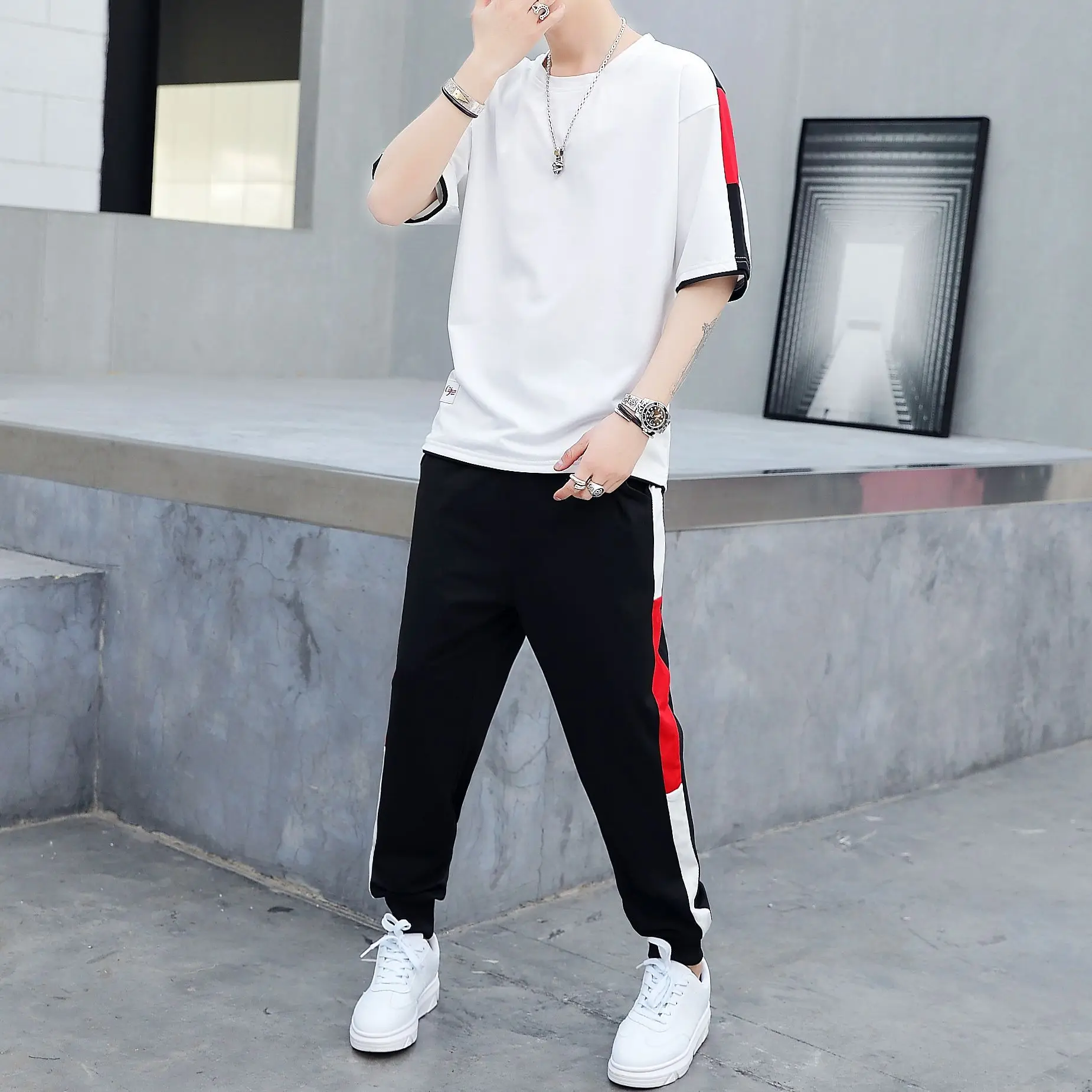 

Men Clothing Spring And Autumn Youth Round Neck Pullover Short-Sleeved Top Casual Trousers Suit Men's Tracksuit y2k Clothes
